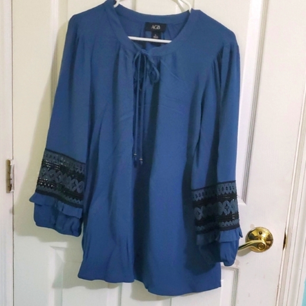 AGB Dark Teal Black Lace Ruffled Balloon Sleeves Boho Peasant Top L